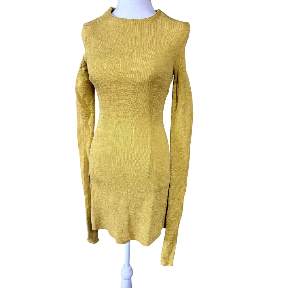 Jovonna London Dress Womens S Yellow Textured Bodycon Long Sleeve Slit Mini